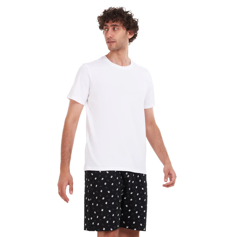 Men summer pajama set White T-shirt + Dark blue leaves short
