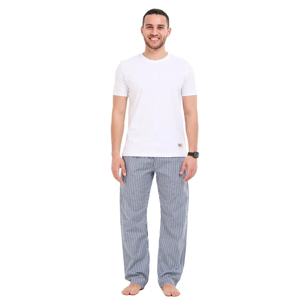 Men summer pajama set White T-shirt + Indigo X White checkered Pants
