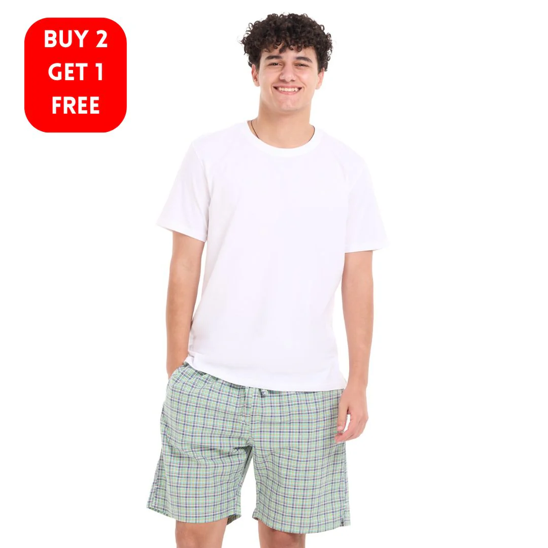 Men summer pajama set White T-shirt + Olive x Indigo Checkered Shorts