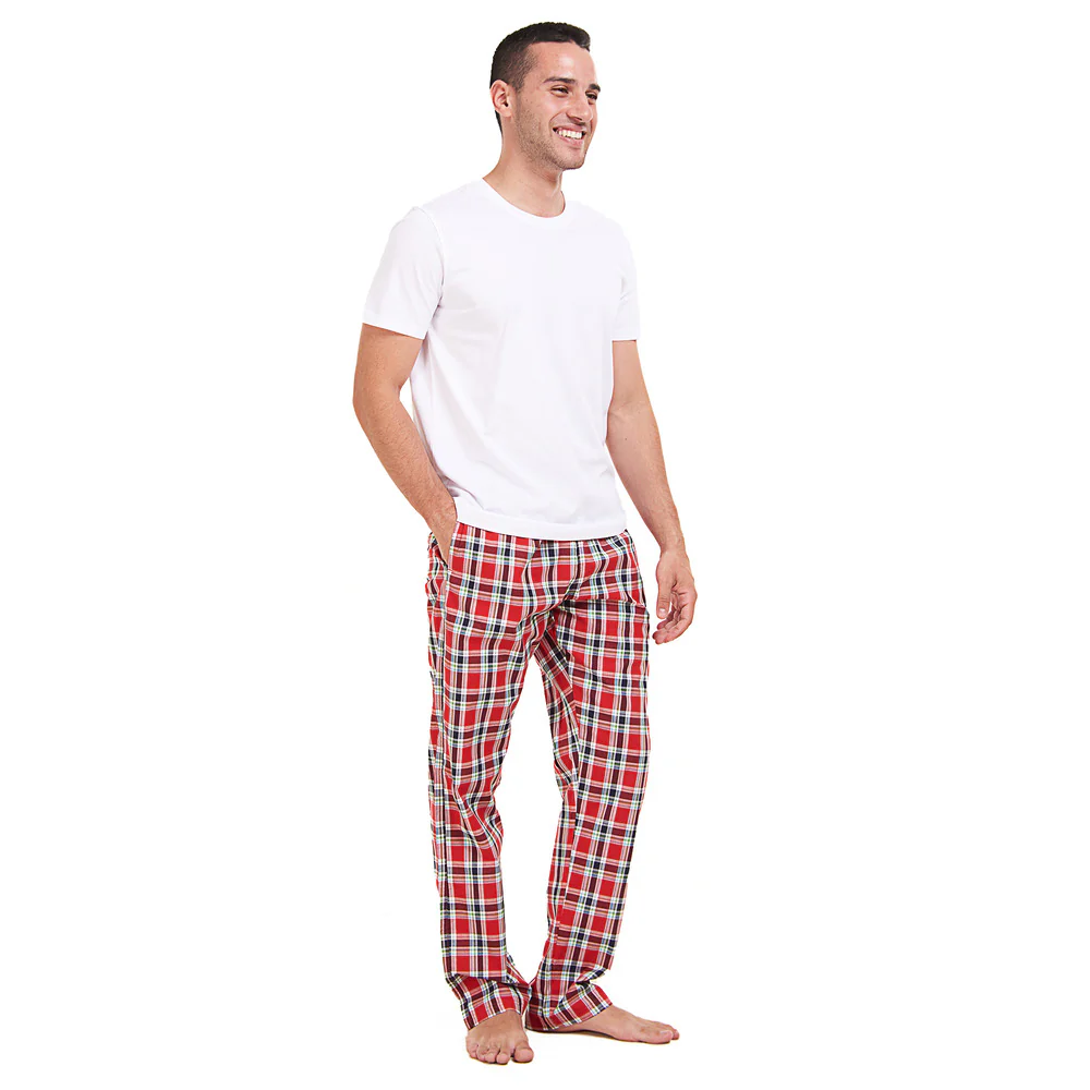 Men summer pajama set White T-shirt + Red x Dark blue checkered Pants