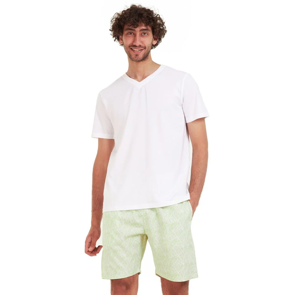 Men summer pajama set White T-shirt + White x Green lines short