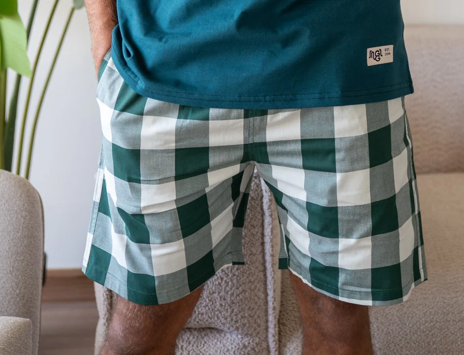 Men summer White X Green Checkered shorts