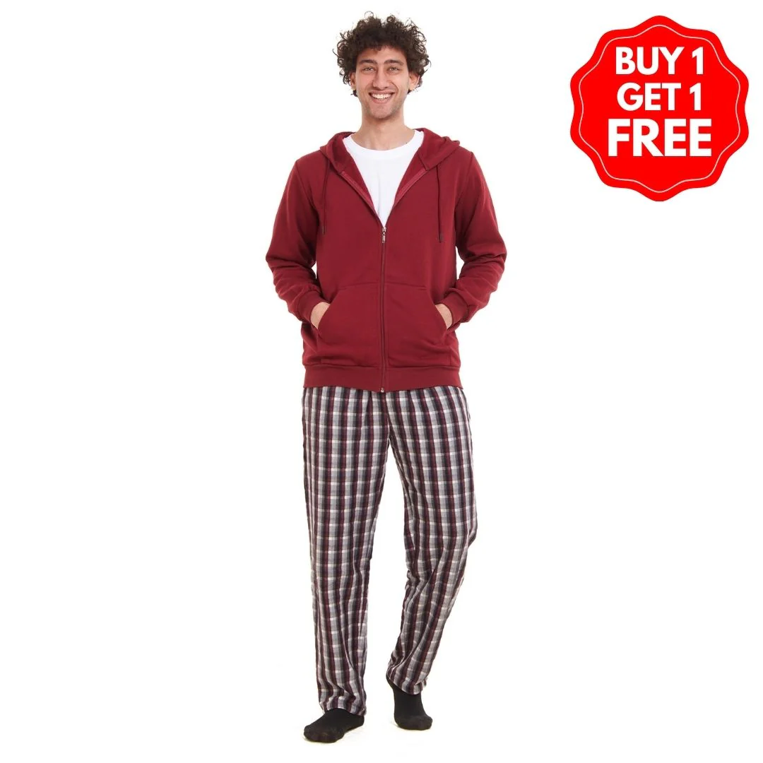 Men Winter Pajama 3 PCS Set Dark Red Sweatshirt +Off-white t-shirt + Dark Red x Black Checkered Pants