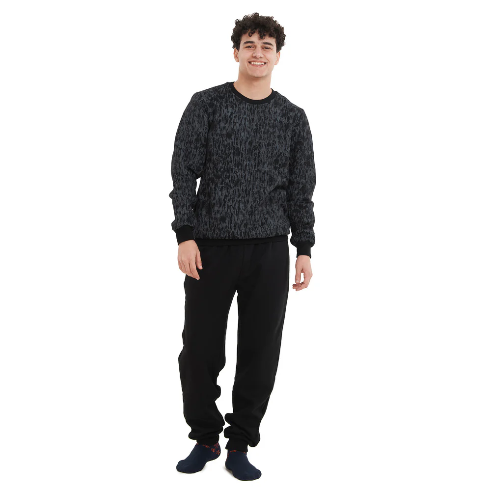 Men Winter Pajama Set Black Camouflage Sweatshirt + Black Pants