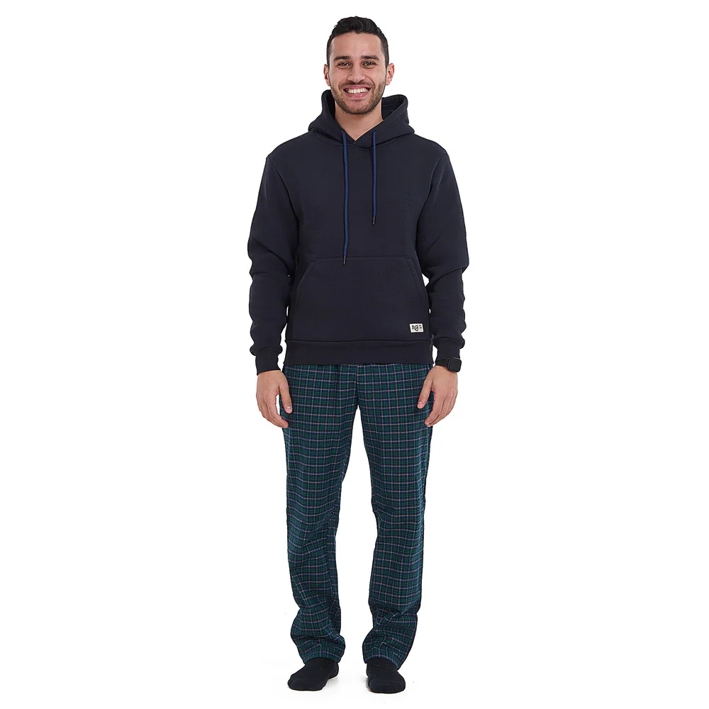 Men Winter Pajama Set Dark Blue Hoodie + Dark Blue x Green Checkered Pants