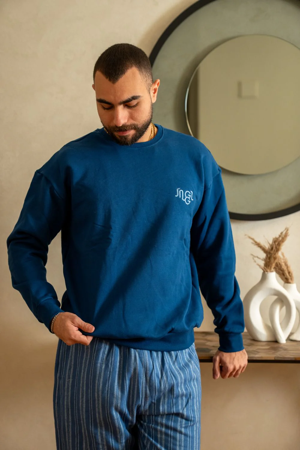 Men Winter Pajama Set Dark Blue Top  + Dark Blue X Light Blue Striped Pants