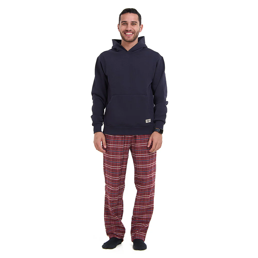 Men Winter Pajama Set Dark blue Hoodie + Red x Blue Checkered Pants