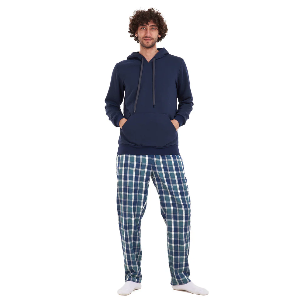 Men Winter Pajama Set Dark blue sweatshirt +Petroleum checkered Pants