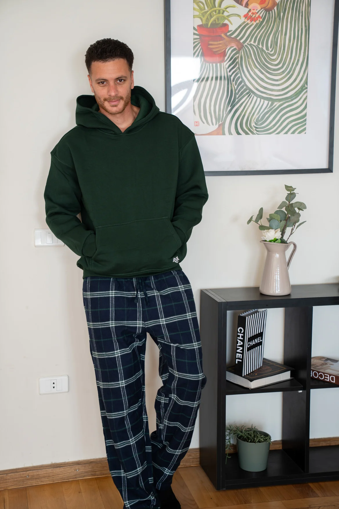 Men Winter Pajama Set Dark Green Hoodie + Dark Green X Dark Blue Checkered Pants