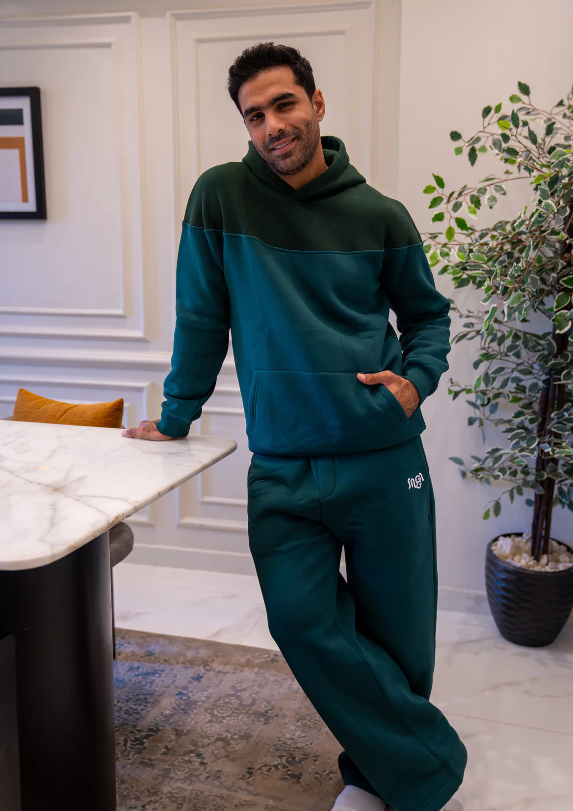 Men Winter Pajama Set Dark Green X Green Hoodie + Green Pants