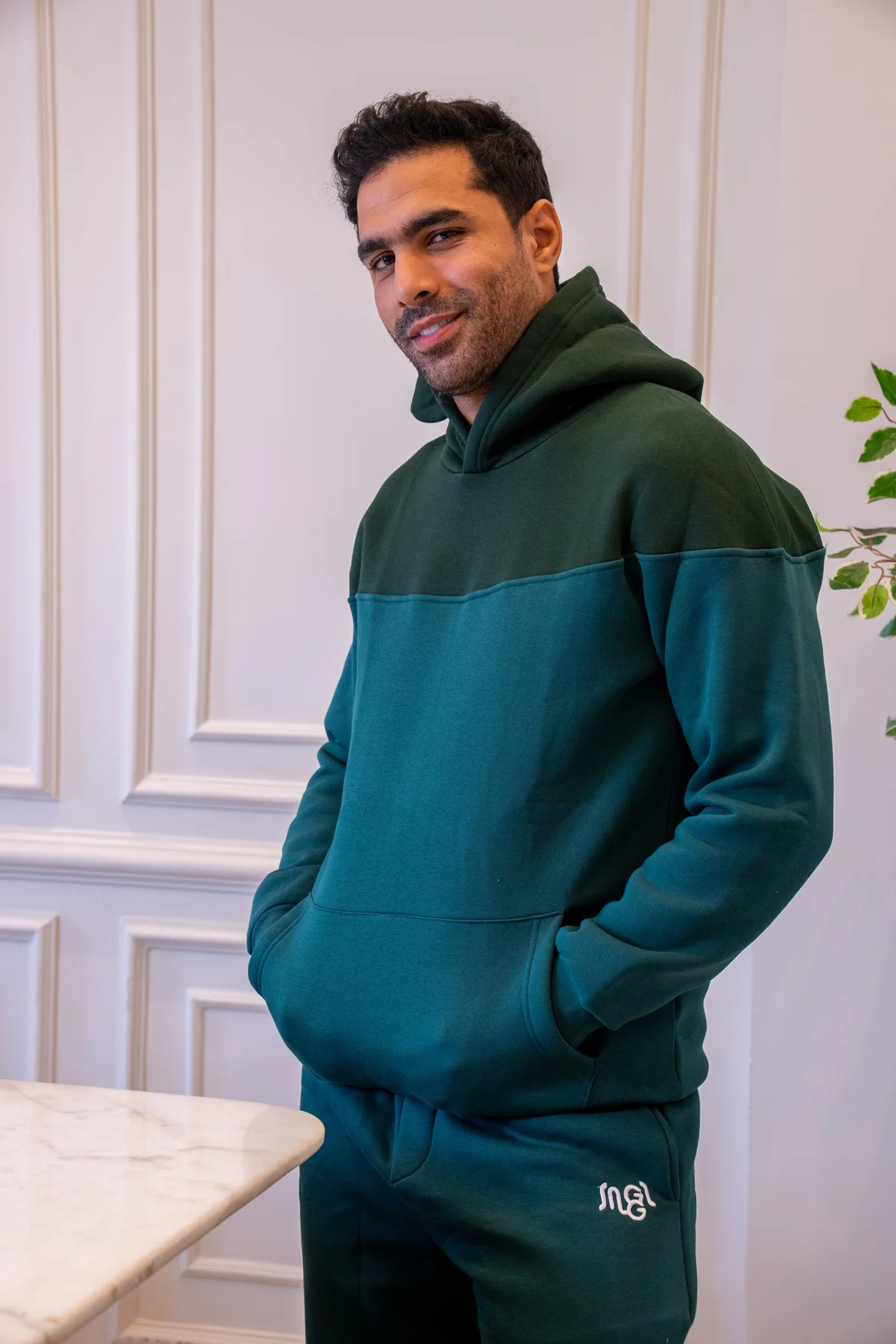 Men Winter Pajama Set Dark Green X Green Hoodie + Green Pants - Image 2