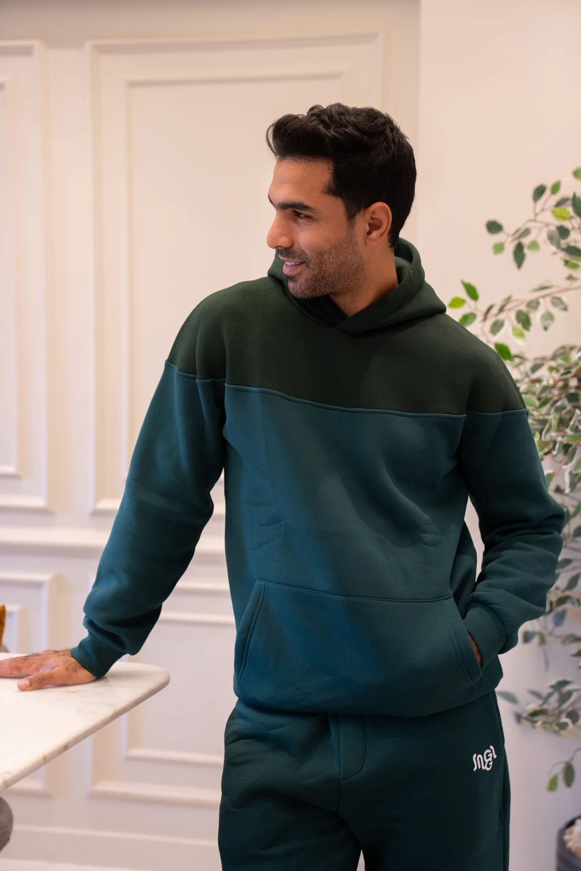 Men Winter Pajama Set Dark Green X Green Hoodie + Green Pants - Image 3