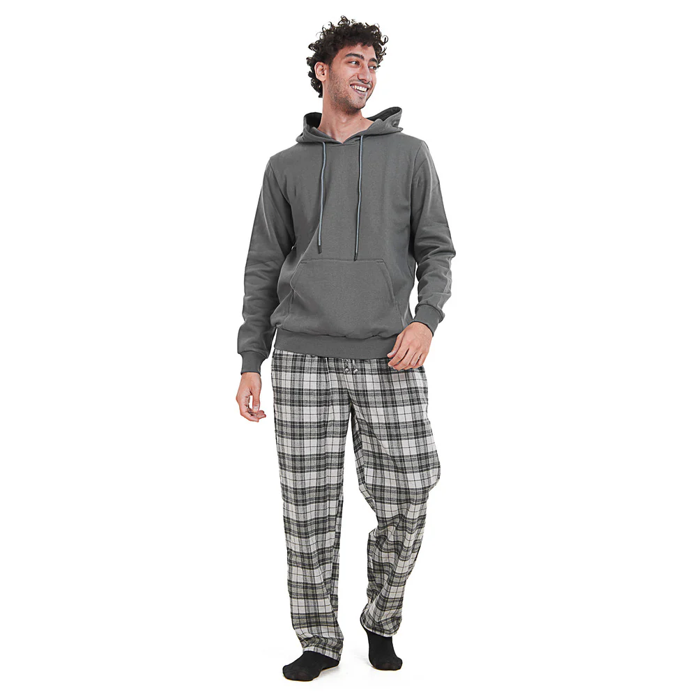 Men Winter Pajama Set Dark grey Hoodie + Dark Grey Checkered Pants