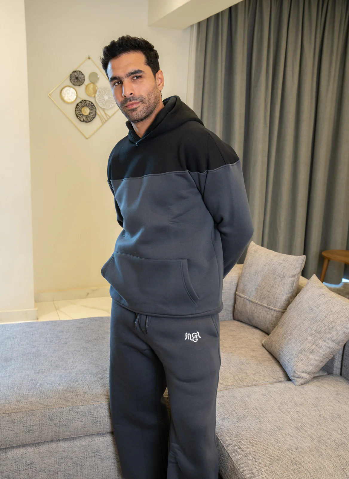 Men Winter Pajama Set Dark Grey X Black Hoodie + Dark Grey Pants