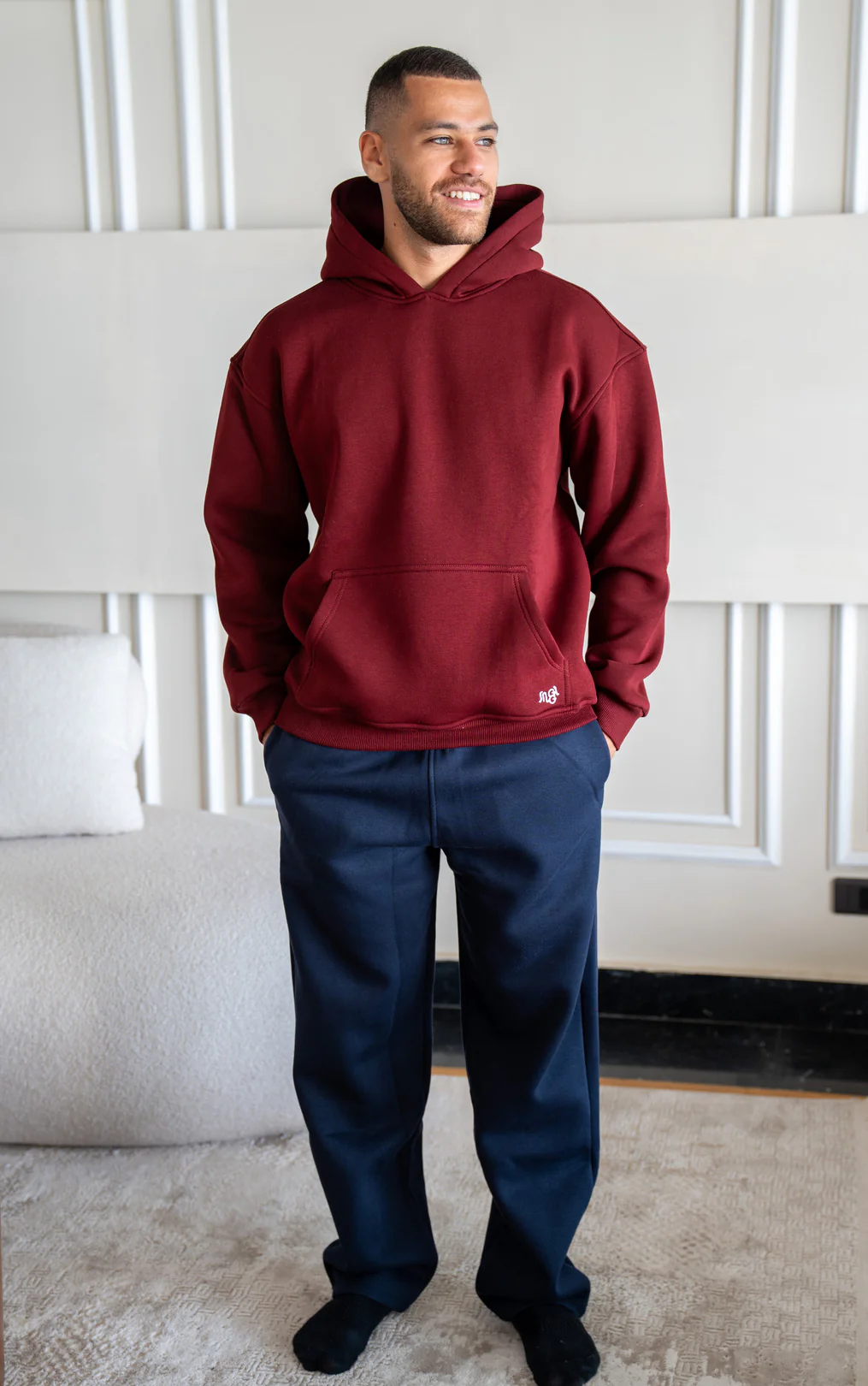 Men Winter Pajama Set Dark Red T-shirt + Dark Blue pants