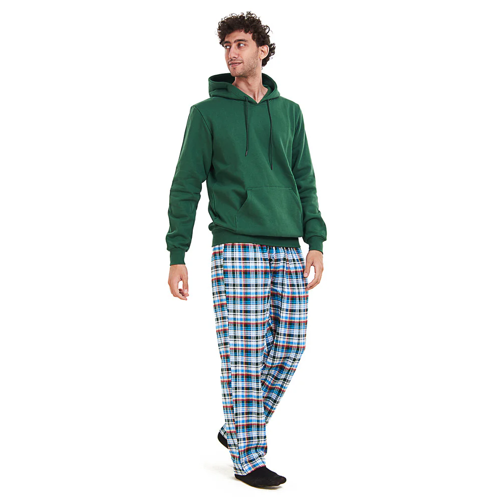 Men Winter Pajama Set Green Hoodie + Turquoise x Dark Green Checkered Pants