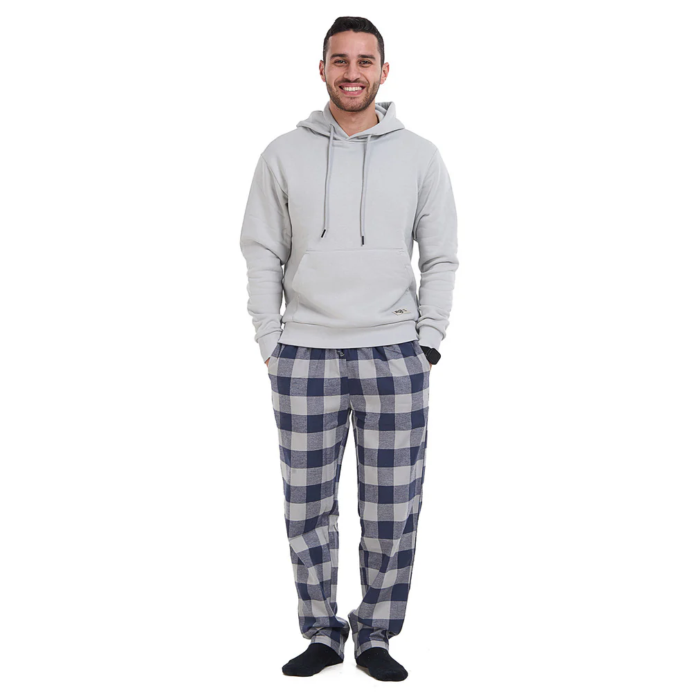 Men Winter Pajama Set Light Grey Hoodie + Blue x Light Grey Checkered Pants