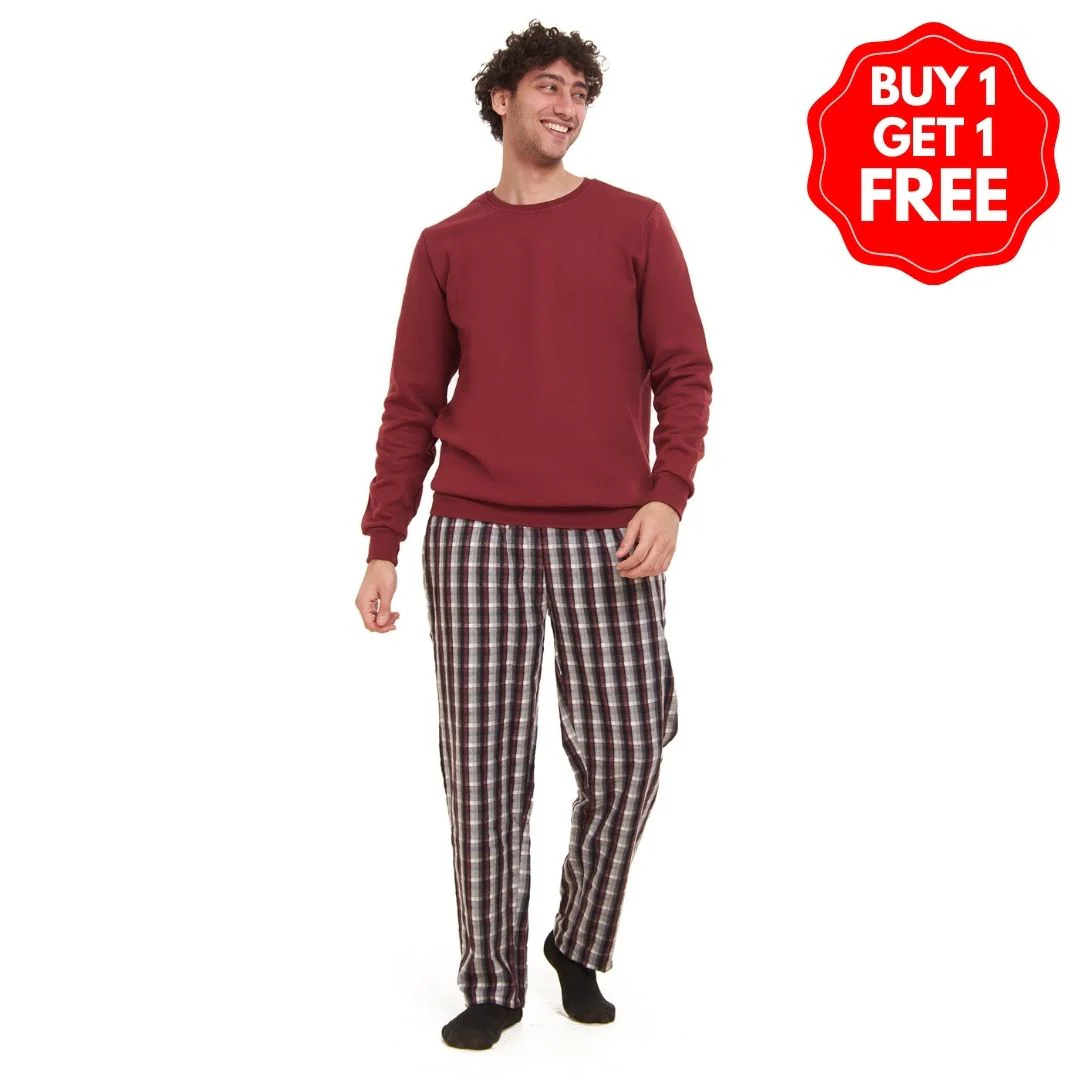 Men Winter Pajama Set Dark Red Sweatshirt + Dark Red x Black Checkered Pants