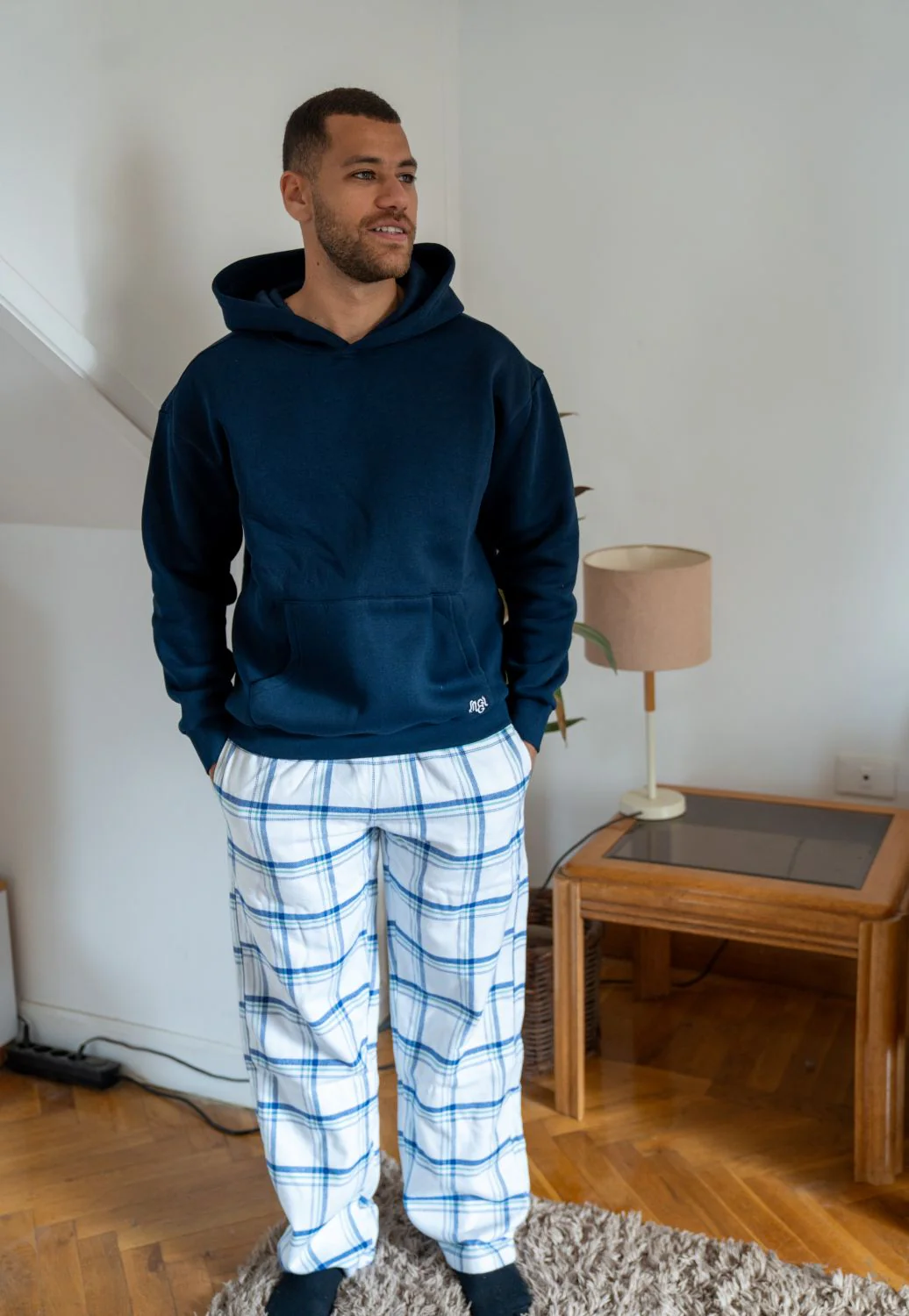Men Winter Pajama Set Navy Hoodie + White X Navy Checkered  Pants