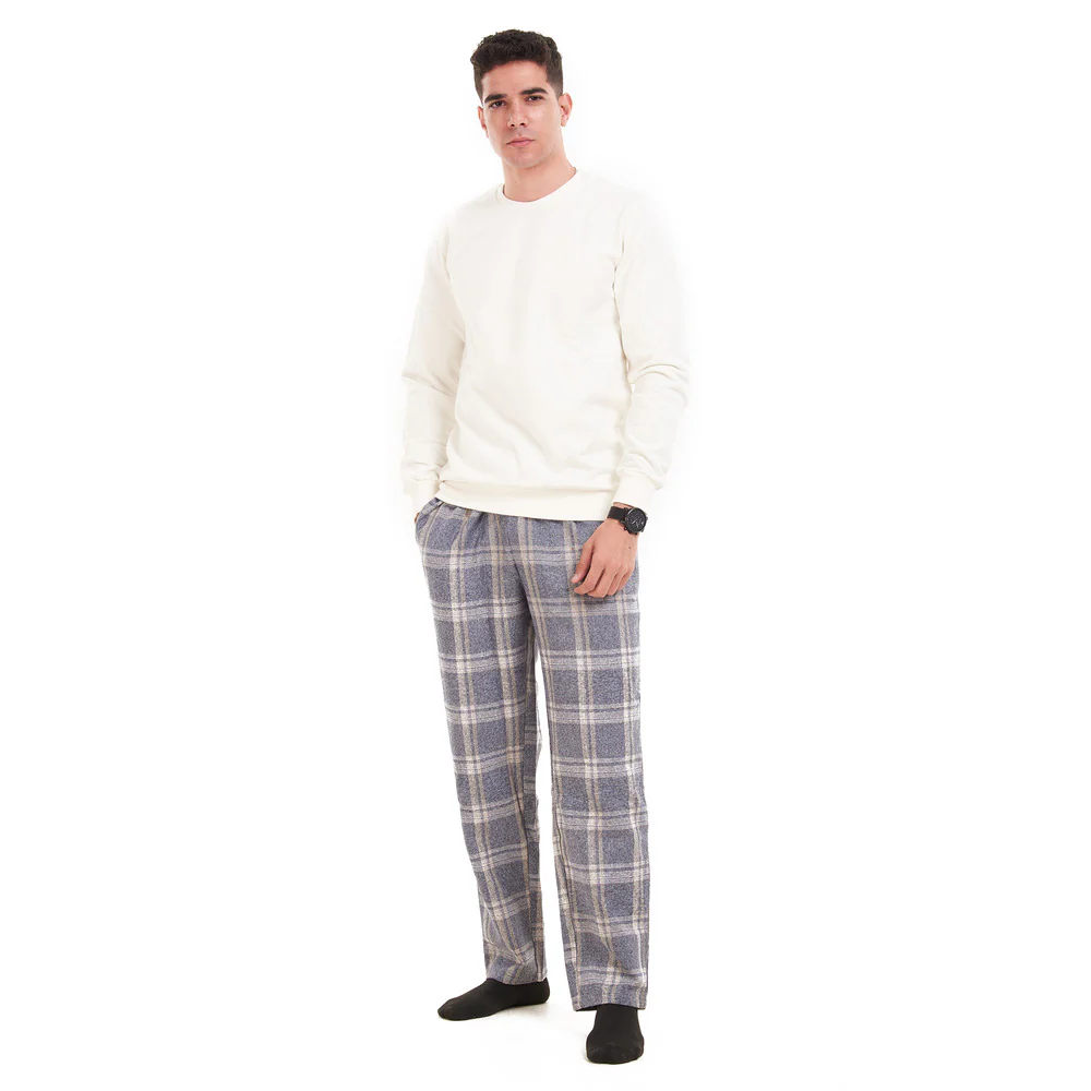 Men Winter Pajama Set Off-White Shirt + Dark Grey  Checkered Pants