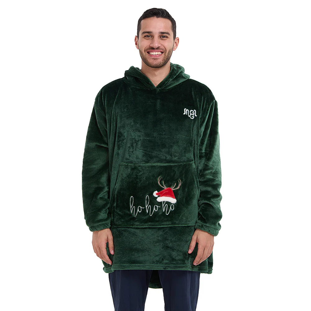 Snuggs Blanket Hoodie Dark Green Christmas Ho Ho Ho Pocket