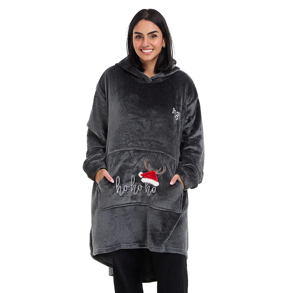 Snuggs Blanket Hoodie Dark Grey Christmas Ho Ho Ho Pocket