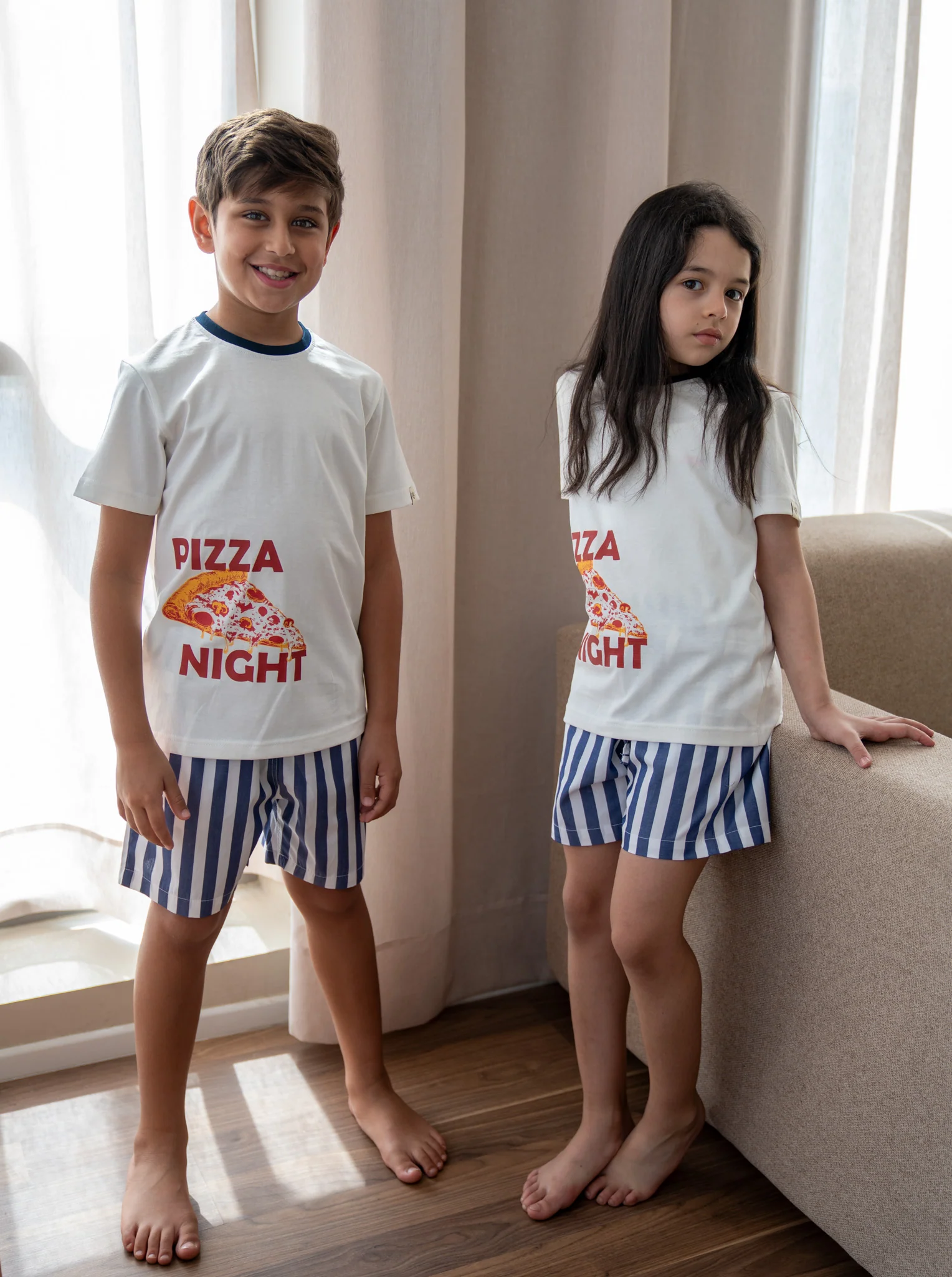 Unisex kids summer pajama Set Pizza Shirt + Dark Blue Stripes Short