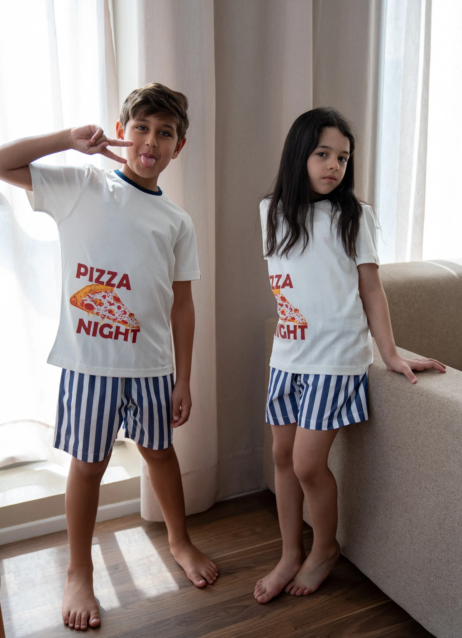Unisex kids summer pajama Set Pizza Shirt + Dark Blue Stripes Short - Image 2