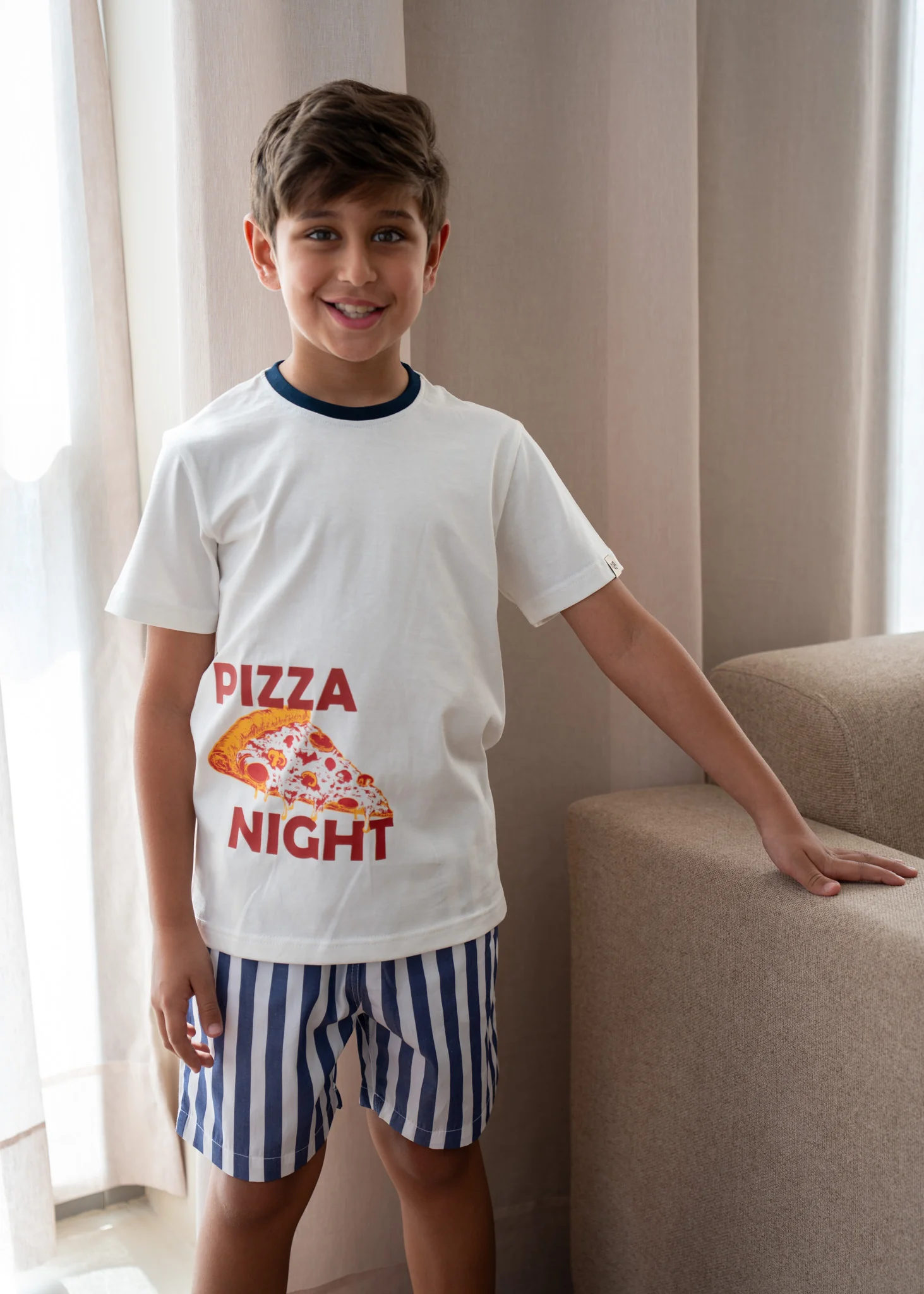 Unisex kids summer pajama Set Pizza Shirt + Dark Blue Stripes Short - Image 3