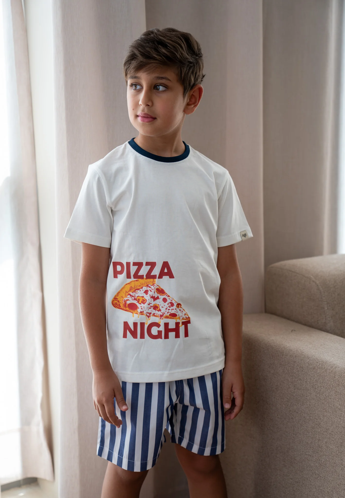 Unisex kids summer pajama Set Pizza Shirt + Dark Blue Stripes Short - Image 4