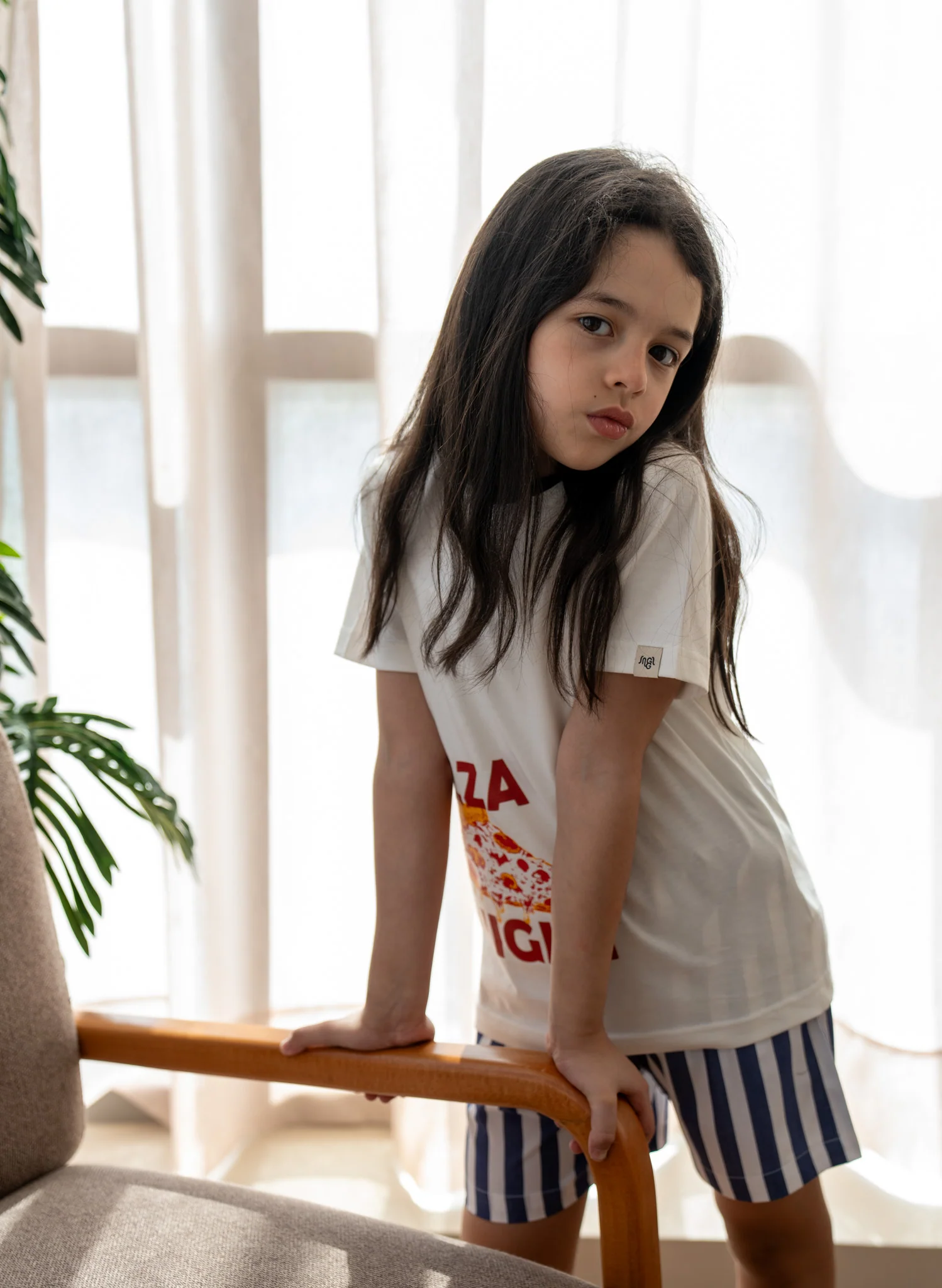 Unisex kids summer pajama Set Pizza Shirt + Dark Blue Stripes Short - Image 5