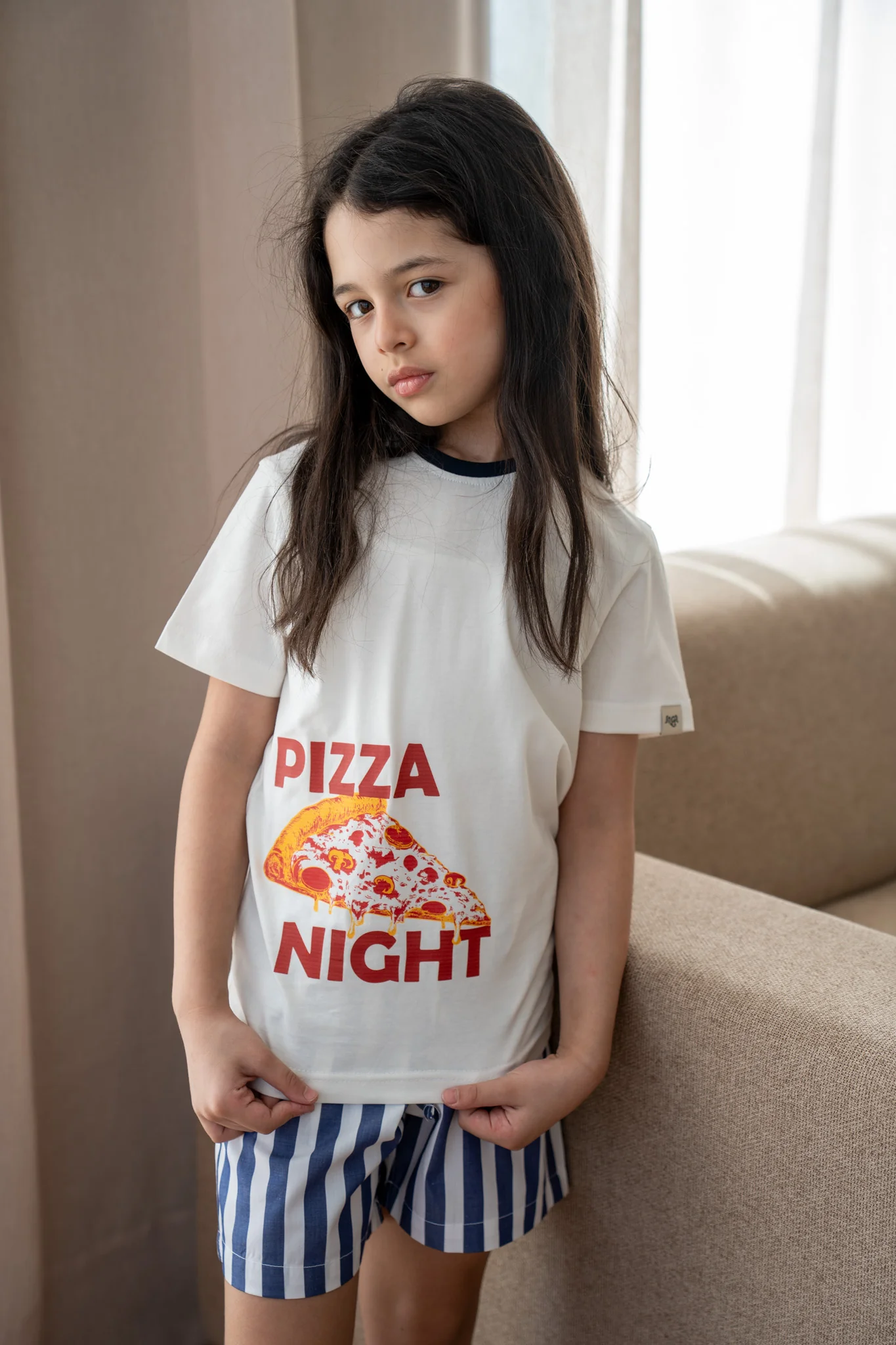 Unisex kids summer pajama Set Pizza Shirt + Dark Blue Stripes Short - Image 6