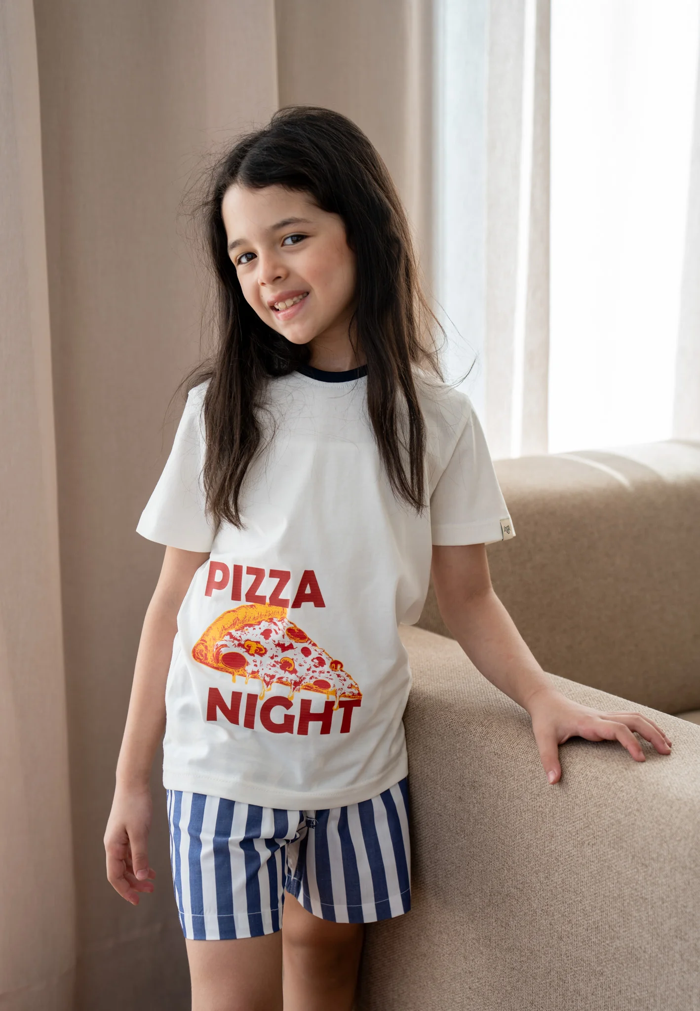 Unisex kids summer pajama Set Pizza Shirt + Dark Blue Stripes Short - Image 7