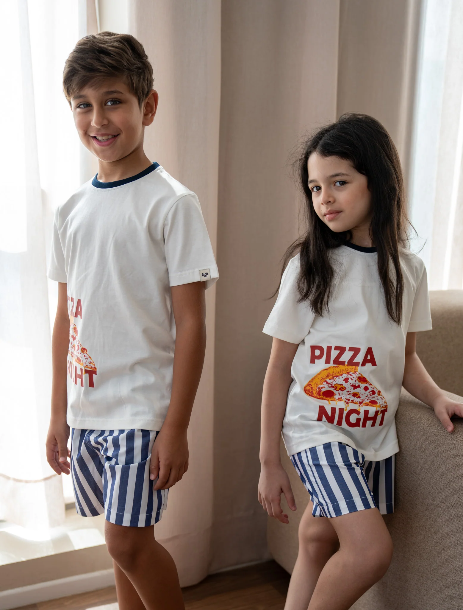 Unisex kids summer pajama Set Pizza Shirt + Dark Blue Stripes Short - Image 8