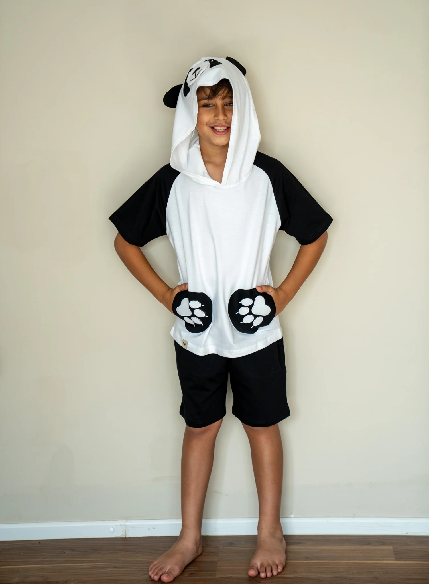 Unisex kids summer pajama set panda White t-shirt + Black shorts - Image 3