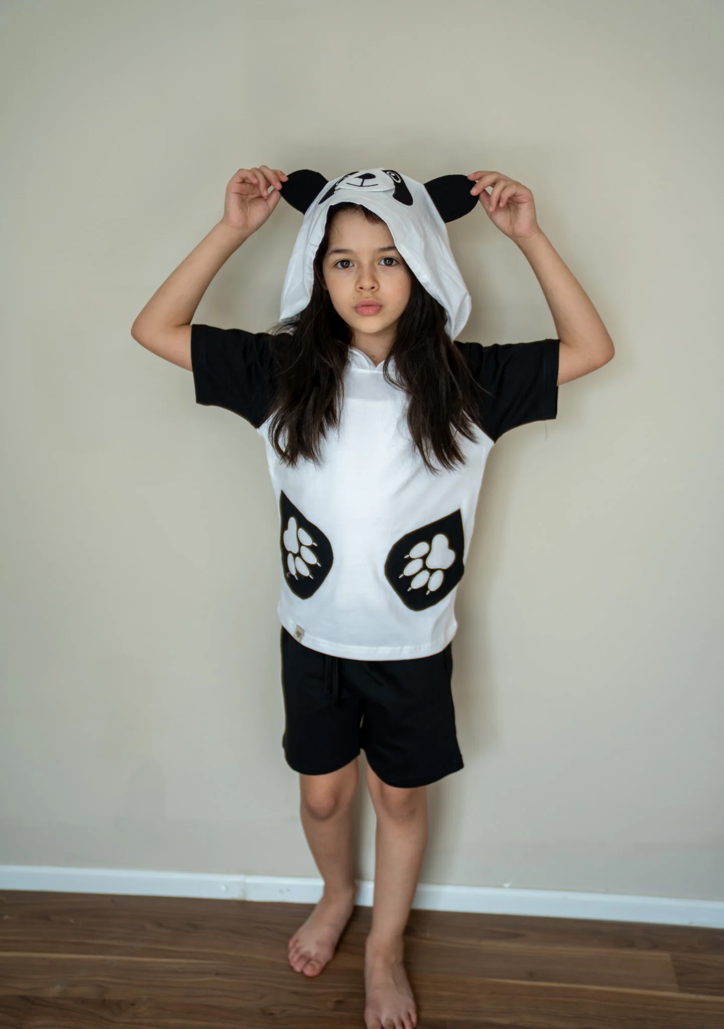 Unisex kids summer pajama set panda White t-shirt + Black shorts - Image 4