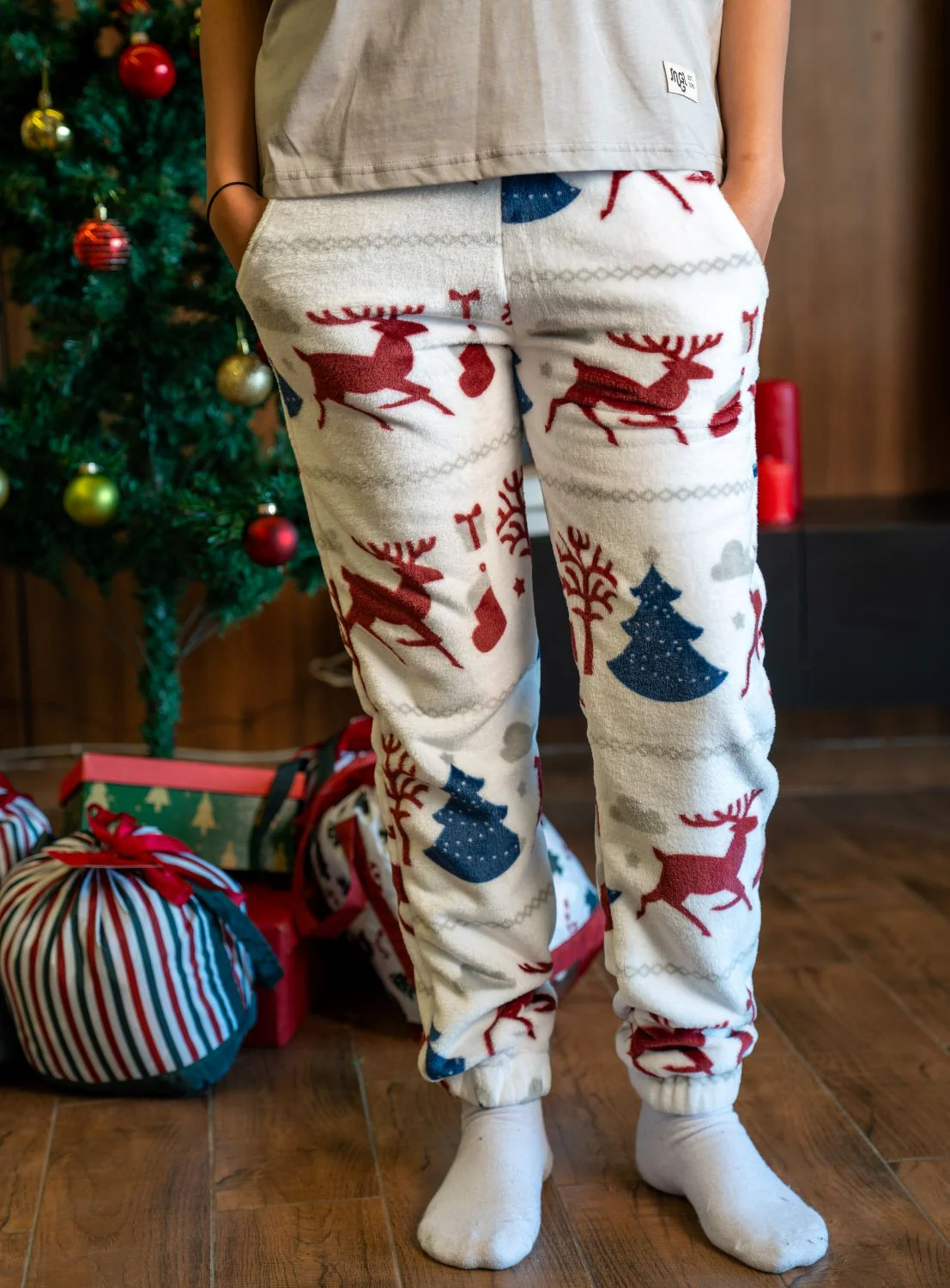 Unisex winter Deer Off White Christmas pants