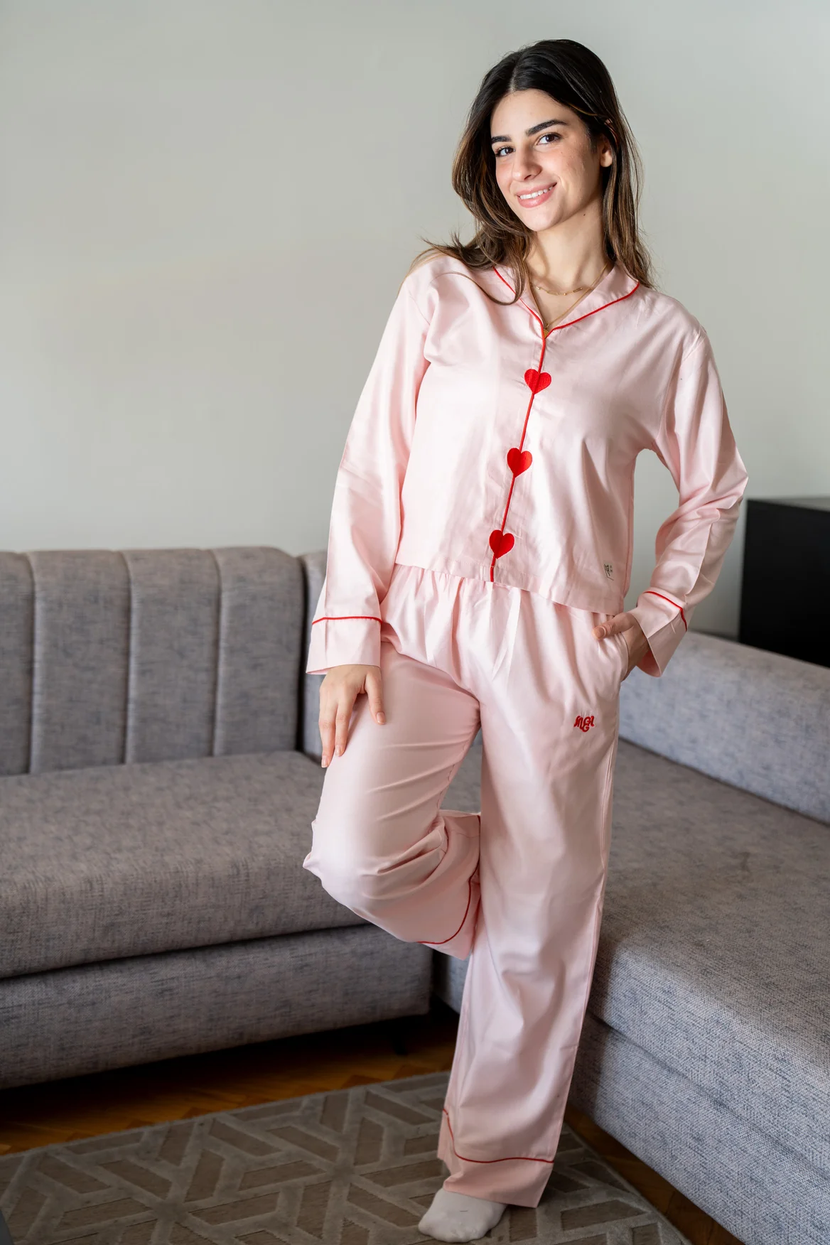 Women Spring Pajama Set Light Rose buttoned shirt+ pants
