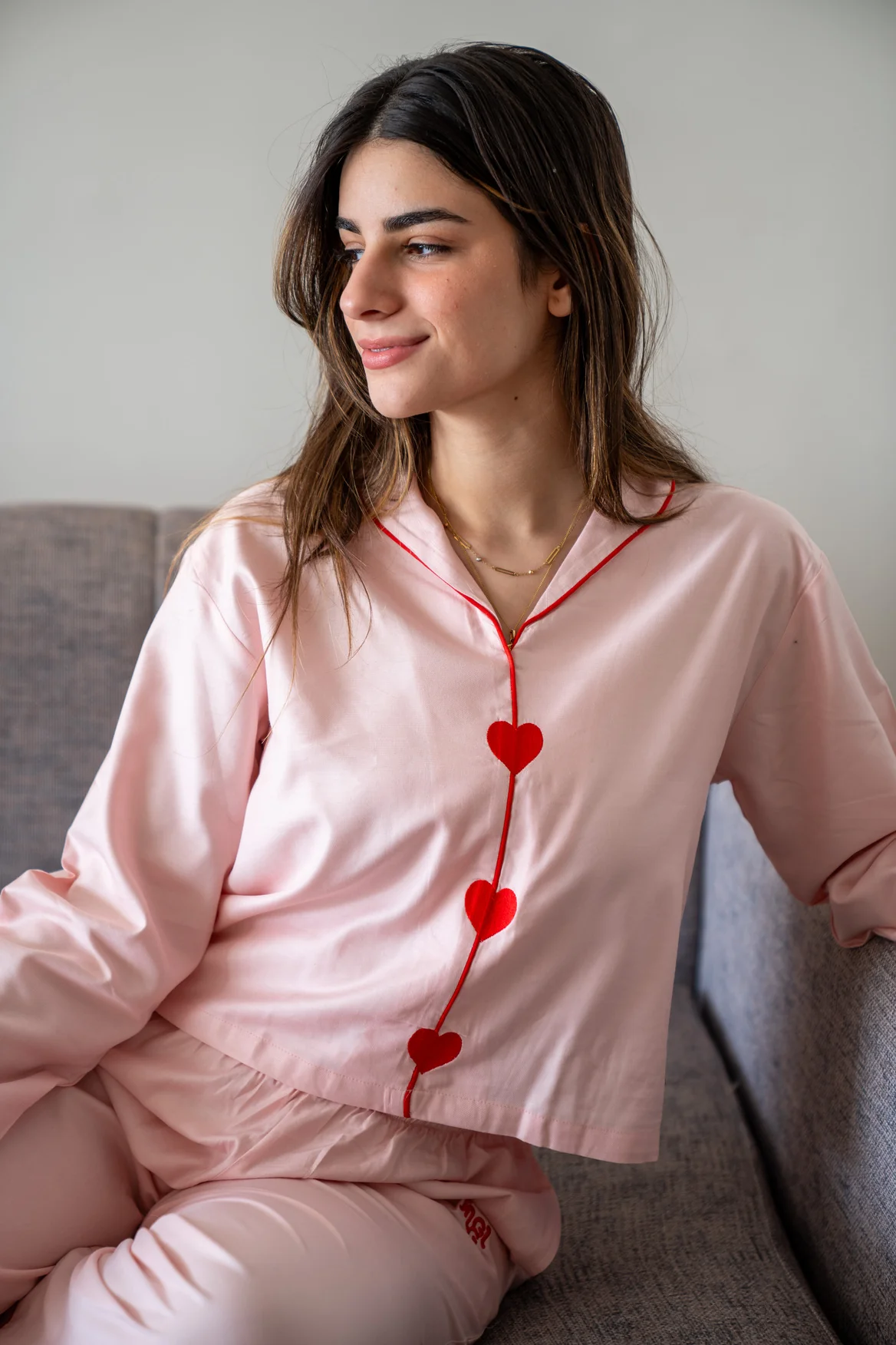 Women Spring Pajama Set Light Rose buttoned shirt+ pants - Image 2