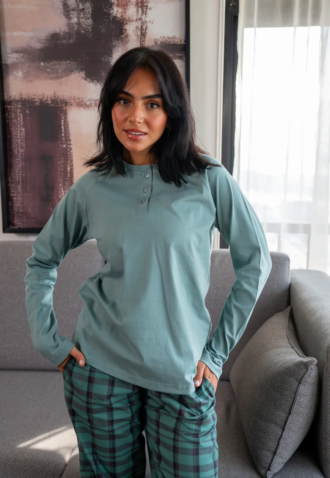 Women Fall Pajama Set Mint Green buttoned sweatshirt + Checkered Grey x Khaki pants