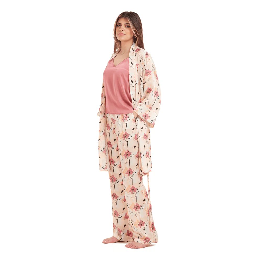 Women Summer satin 3 piece pajama set Cashmere Top +Cashmere x Simon flowered kimono & Pants