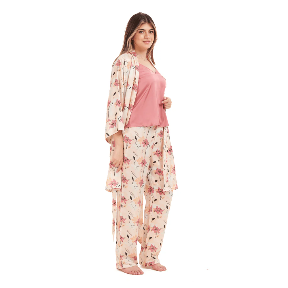 Women Summer satin 3 piece pajama set Cashmere Top +Cashmere x Simon flowered kimono & Pants - Image 2
