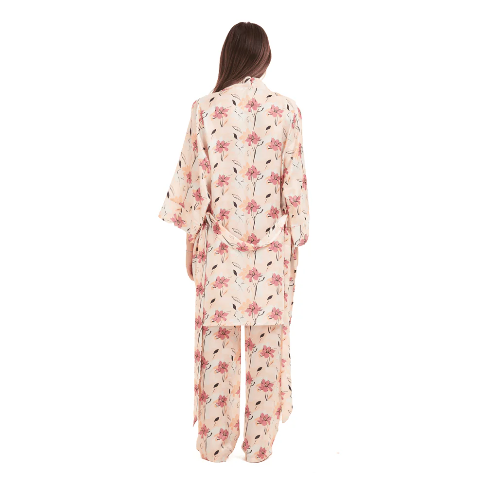Women Summer satin 3 piece pajama set Cashmere Top +Cashmere x Simon flowered kimono & Pants - Image 3