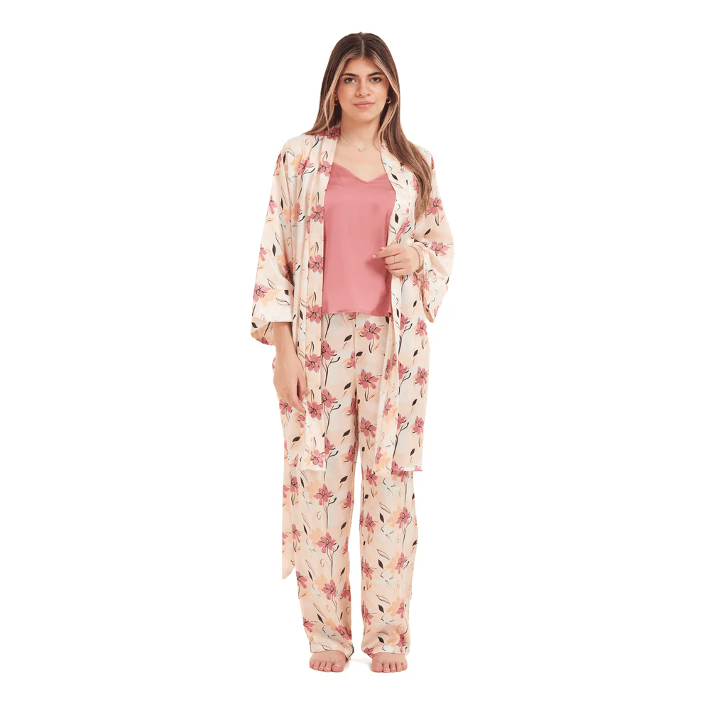 Women Summer satin 3 piece pajama set Cashmere Top +Cashmere x Simon flowered kimono & Pants - Image 4