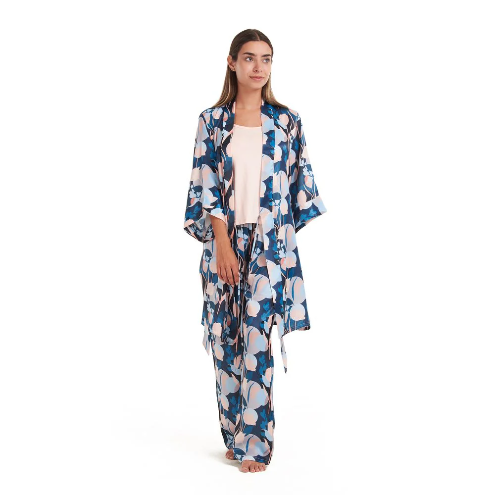 Women satin summer 3 piece pajama set Cashmere Top + Colorful flowered kimono & Pants