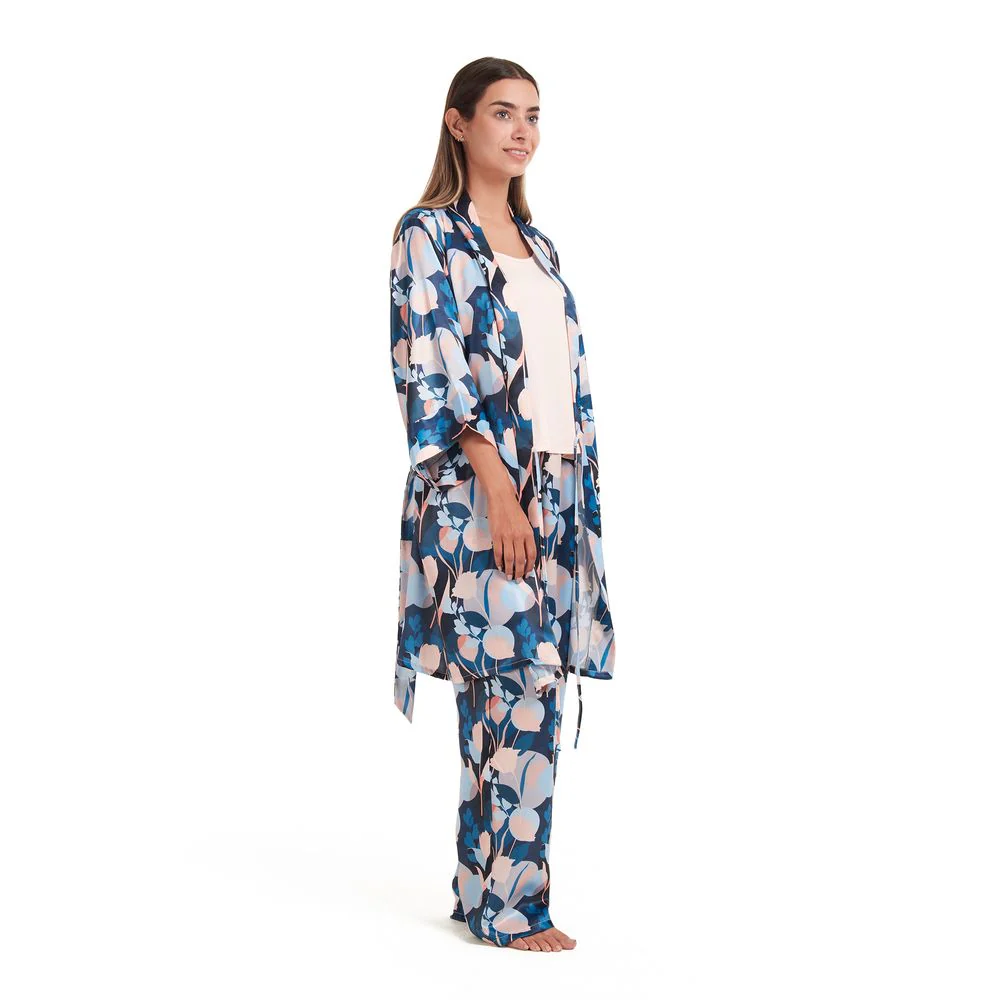 Women satin summer 3 piece pajama set Cashmere Top + Colorful flowered kimono & Pants - Image 2