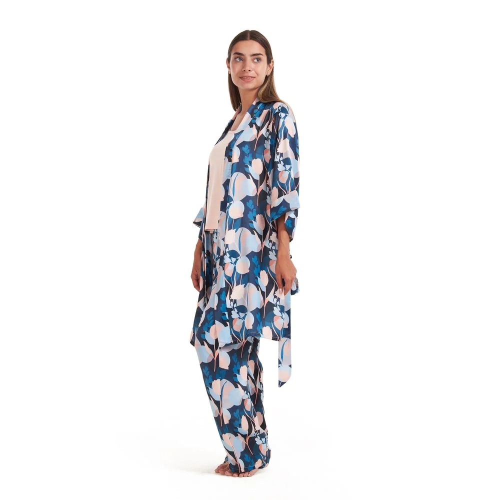 Women satin summer 3 piece pajama set Cashmere Top + Colorful flowered kimono & Pants - Image 3