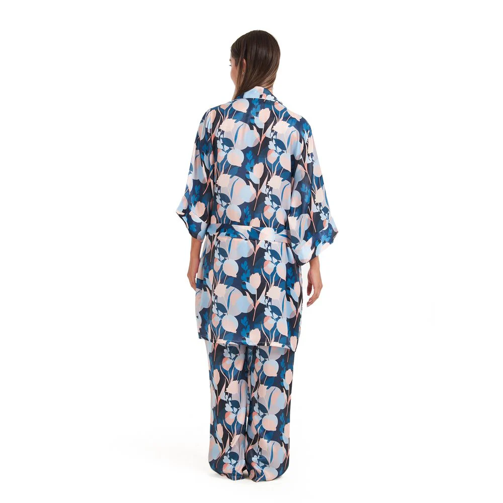 Women satin summer 3 piece pajama set Cashmere Top + Colorful flowered kimono & Pants - Image 4