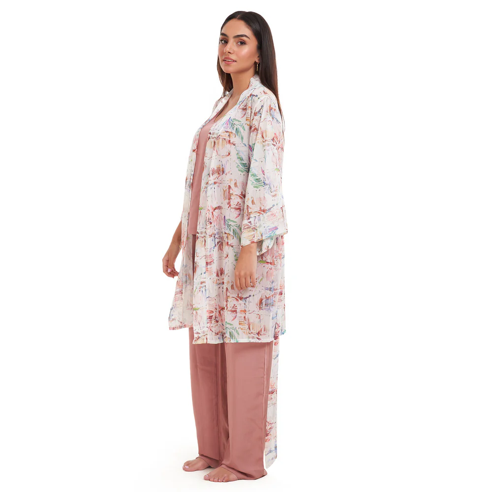 Women summer 3 piece pajama set Abstract Desert watercolors kimono + Cashmere top & Pants