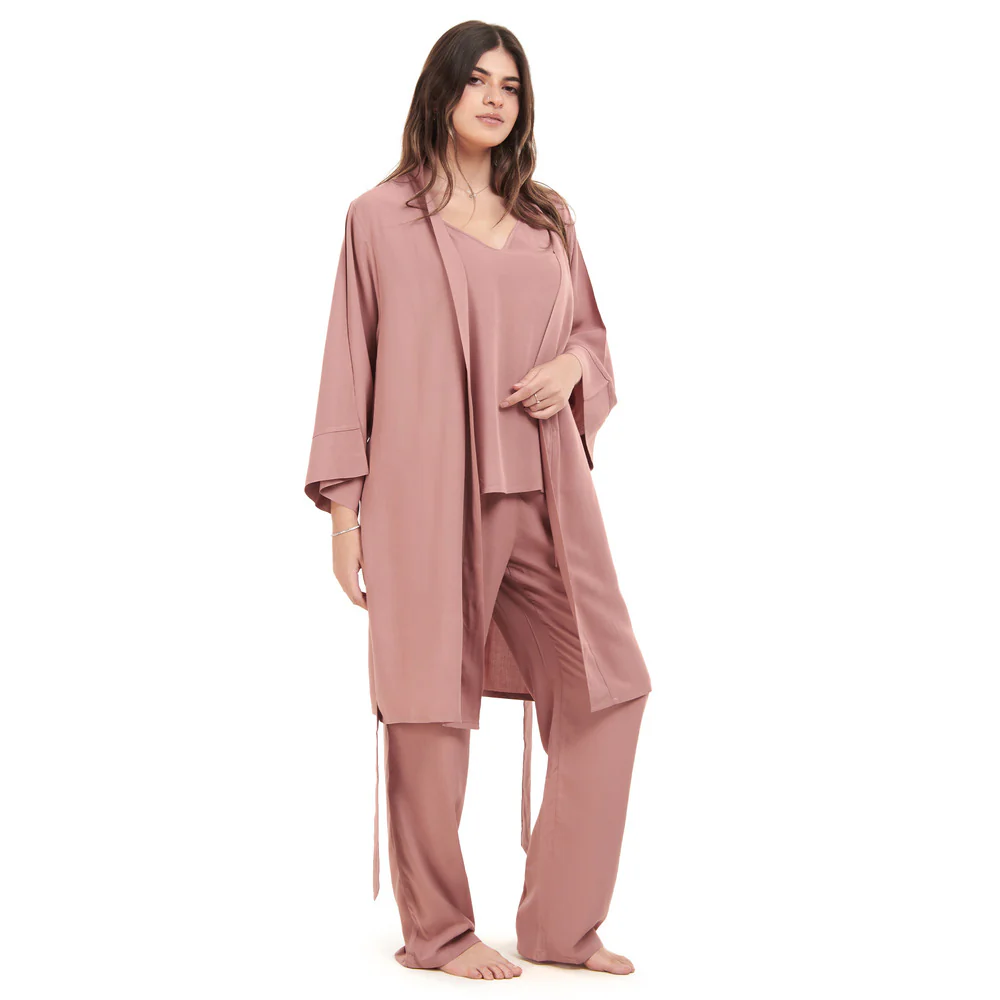 Women summer 3 piece pajama set Cashmere Top + Cashmere kimono & Pants - Image 2